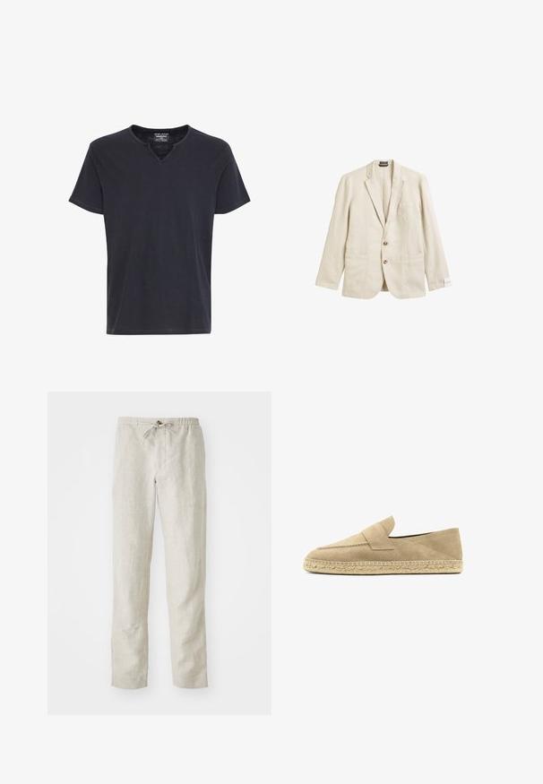 Beige Leinen-Blazer mit Reverskragen, einer Brusttasche, zwei Vorderaschen und Zwei-Knopf-Verschluss, mit lässiger Passform und strukturiertem Stoff.; Schwarzes T-Shirt mit kurzen Ärmeln und einem V-förmigen Ausschnitt, einfaches, schmuckloses Design, dargestellt auf weißem Hintergrund.; Helle beige Leinenhose mit geradem Beinschnitt, elastischem Bund, verstellbarem Kordelzug und ohne sichtbare Muster oder Metallteile.; Beiger Wildleder-Espadrille-Slipper mit gewebter Jutsohle und einer vernähten Riemendekoration über dem Obermaterial.