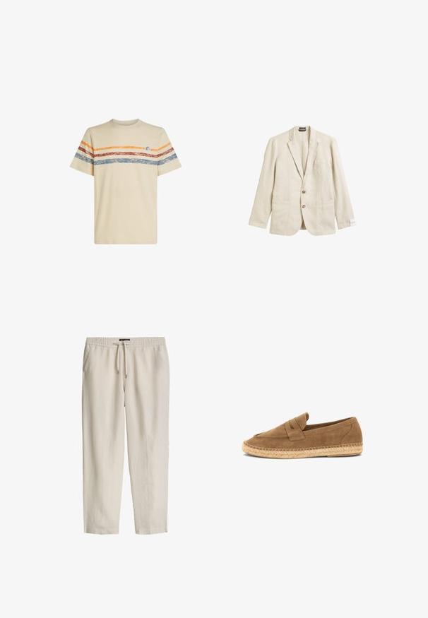 Beige Leinen-Blazer mit Reverskragen, einer Brusttasche, zwei Vorderaschen und Zwei-Knopf-Verschluss, mit lässiger Passform und strukturiertem Stoff.; Cremfarbendes Baumwoll-T-Shirt mit horizontalen Streifen in Orange, Rot und Blau. Kurzärmlig, mit rundem Ausschnitt und kleinem Logodetail auf der Brust.; Beige Freizeithose mit elastischem Bund, Kordelzug und Seitentaschen, gefertigt aus leichtem Stoff.; Brauner Wildleder-Slipper mit gewebter Jutesohle und Penny-Riemendetail, entworfen für den Freizeitgebrauch.