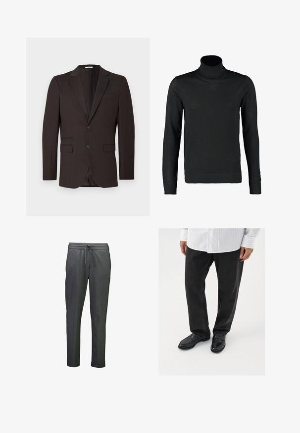 Mørkebrun herreblazer med to knapper, kløftede revers og tre forlommer, vist mod en ensartet lys baggrund.; Lindbergh ROLL NECK - Striktrøje - black; Grå træningsbukser med en tætsiddende pasform, der har en elastisk talje og snoretræk for justerbar komfort. Glat tekstur, minimalistisk design.; Sorte denimbukser parret med skinnende sorte loafers. Skjorten er hvid med tynde lodrette striber, har lange ærmer og en knapkrave.