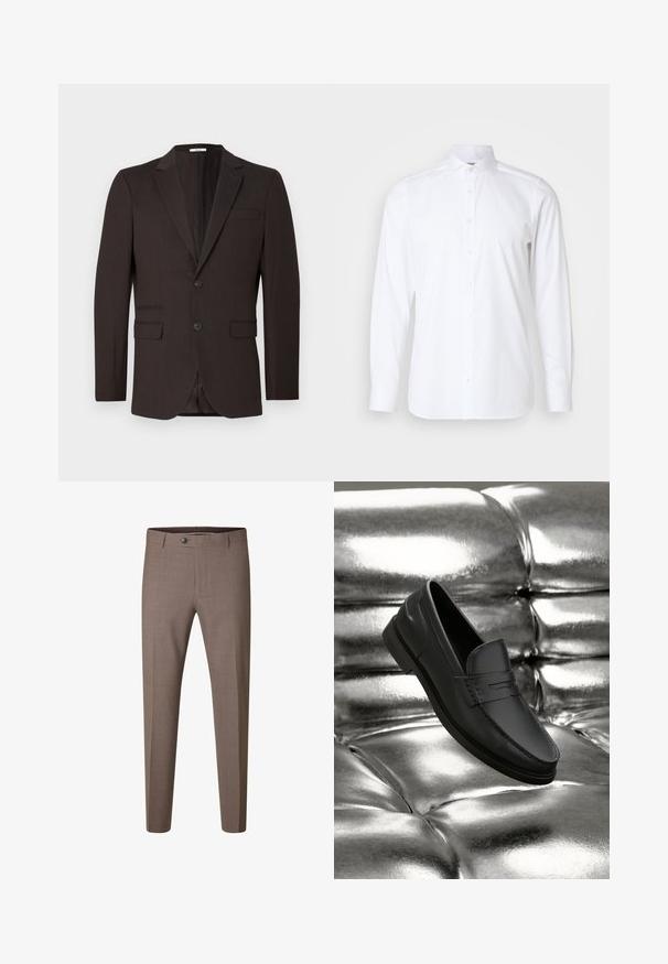Donkerbruine herenblazer met twee knopen, inkepingrevers en drie voorzakken, getoond tegen een effen lichte achtergrond.; Witte lange mouw blouse van gladde stof, met een klassieke kraag, knopenlijst en een getailleerde pasvorm. Geen patronen of accenten.; Bruine slim-fit formele broek met knoop en riemlussen, afgebeeld tegen een witte achtergrond.; Zwarte leren mocassins met een gladde textuur, voorzien van stikdetails en een klassiek ontwerp, gepresenteerd tegen een metalen, glanzende achtergrond.