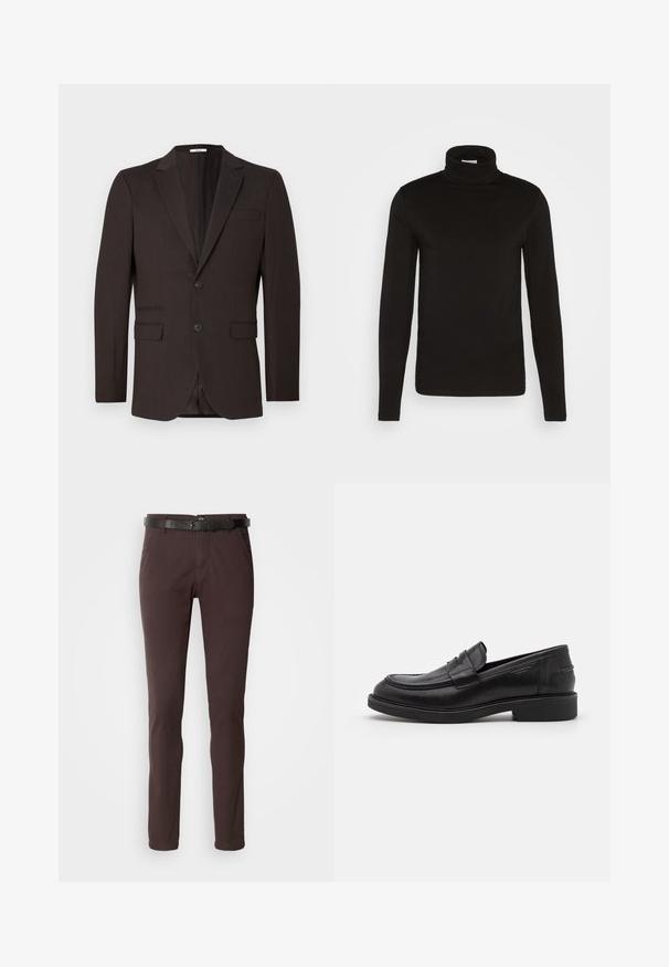 Blazer marrón oscuro de hombre con dos botones, solapas con muescas y tres bolsillos delanteros, mostrado sobre un fondo claro y sencillo.; Camiseta de cuello alto de manga larga negra, elaborada en una tela suave con un diseño ajustado y un cuello alto, ceñido. Sin patrones ni acentos visibles.; Pantalones marrones de corte slim, confeccionados en algodón. Presentan un cinturón de cuero negro y bolsillos estándar. Textura suave con un ligero brillo.; Mocasines de cuero negro con puntera redondeada, costuras tonales y un detalle de tira en la parte frontal. Suela de goma con un tacón bajo.