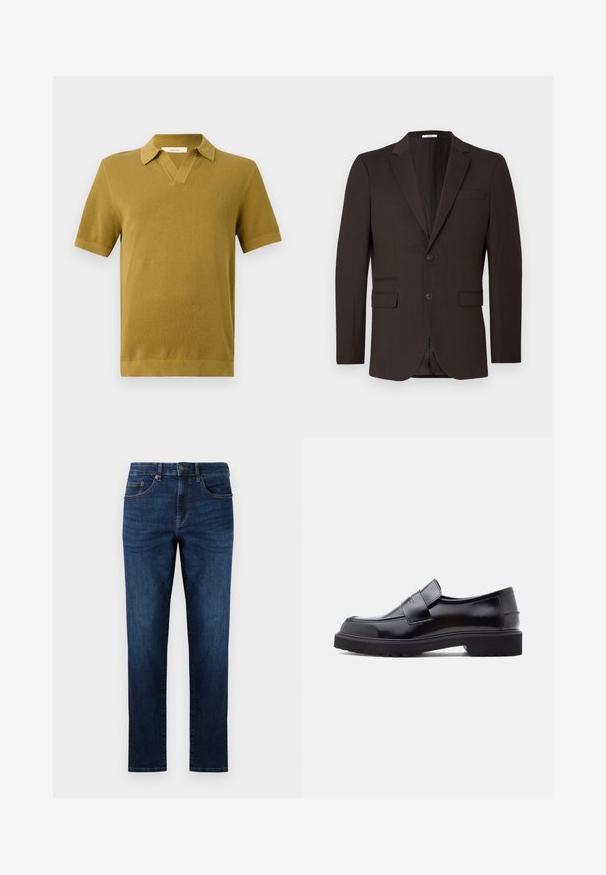 Donkerbruine herenblazer met twee knopen, inkepingrevers en drie voorzakken, getoond tegen een effen lichte achtergrond.; Korte mouwen polo shirt in mosterdgeel, met een textuurbrei, een V-hals kraag en ribgebreide manchetten en zoom.; Donkerblauwe denim jeans met een rechte pijpdesign, voorzien van vijf zakken, gestikte details en een klassieke knoopsluiting.; Zwarte leren instapschoen met een strak ontwerp, ronde neus en een dikke, gestructureerde rubberen zool. Heeft een decoratieve band over de voorkant.