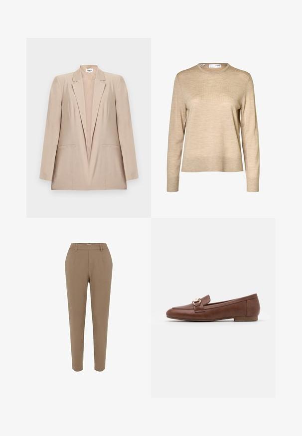 Blazer féminin beige clair avec col cranté, manches longues et deux poches passepoilées à l'avant, présenté sur un fond blanc.; Pull en laine beige à manches longues avec col rond et poignets et ourlet côtelés, présenté sur fond blanc.; Pantalons marron ajustés, avec un design à jambes droites, une texture lisse, des poches avant et une taille avec passants de ceinture.; Mocassins en cuir marron avec une semelle plate, un design surpiqué et un détail de boucle en ton doré sur la bride à travers le coup de pied.