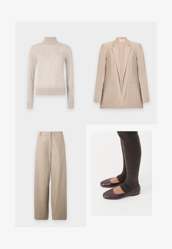 Blazer féminin beige clair avec col cranté, manches longues et deux poches passepoilées à l'avant, présenté sur un fond blanc.; Pull à col roulé beige en tissu tricoté doux. Il possède des manches longues ainsi que des poignets et un ourlet côtelés pour un ajustement confortable. Un incontournable de la garde-robe.; Pantalons larges beiges en coton. Caractéristiques : devant plat, deux poches latérales et texture lisse. Design simple et fonctionnel.; Ballerines en cuir verni bourgogne à bout carré, accompagnées de chaussettes en tricot côtelé marron foncé atteignant le molet.