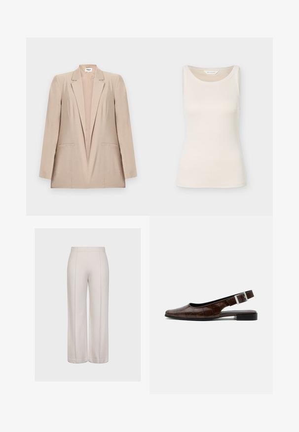 Blazer femenino color beige claro con cuello solapa con muesca, mangas largas y dos bolsillos horizontales delanteros, exhibido sobre un fondo blanco.; Top sin mangas color crema con textura acanalada y escote redondo, etiqueta "Moss Copenhagen" visible en el interior del cuello.; Pantalones de pierna ancha en tela beige claro con una textura suave. Presenta dos costuras verticales y un corte limpio y uniforme en el dobladillo.; Zapato plano de piel marrón oscuro con tira trasera, punta cuadrada, textura de cocodrilo y hebilla plateada en la correa.