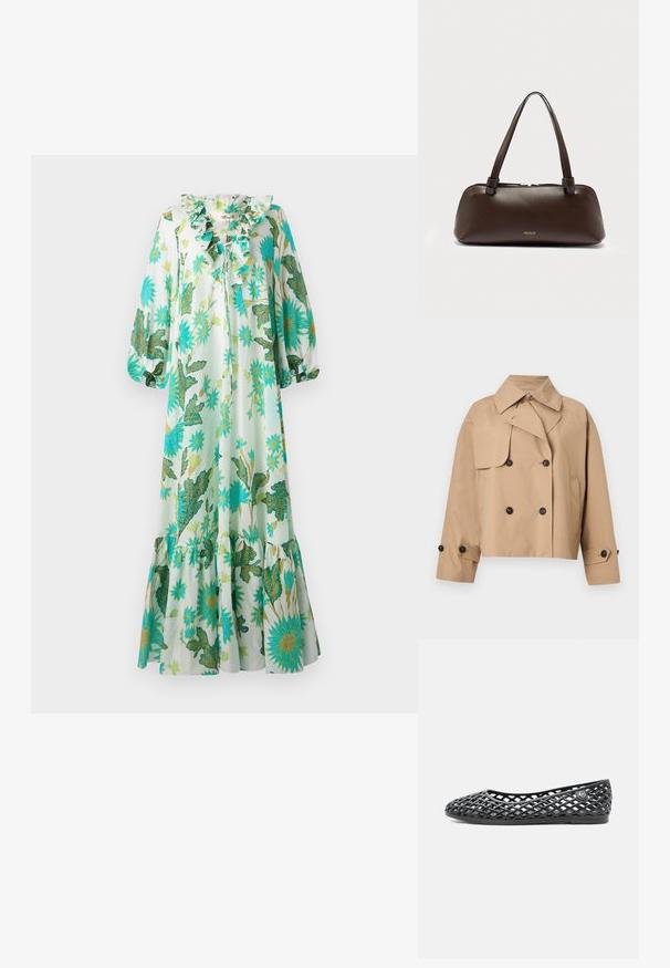 Beige cropped dobbeltradet trenchcoat med bred krave, knapdet detaljeret skulderklap og knapfastgjorte stropper ved ærmerne.; Lang, lys kjole med en volangkrave, der har et blomster- og bladprint i grøn og blå på en lys baggrund. Udsvingede ærmer og kant.; Sort flad sko med åbent gitterdesign og rund tå, med en lille metal logo på siden nær hælen.; Mørkebrun rektangulær læderhåndtaske med to skulderstropper og guldfarvet "NEOUS"-logo foran mod en hvid baggrund.