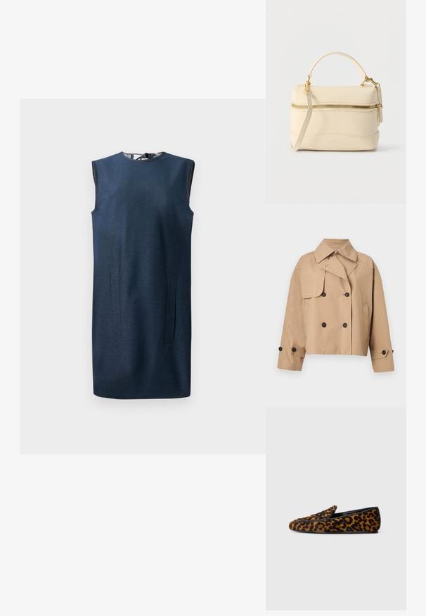Beige cropped dubbelgeknoopte trenchcoat met brede kraag, knoopdetail op de schouderklep en geknoopte riempjes aan de manchetten.; Navyblauwe mouwloze jurk van een gladde stof, met een ronde halslijn, een lichte a-lijn vorm en verborgen zijzakken.; Dames platte loafers met bruin en zwart luipaardpatroon, zwarte afwerking en instapstijl, afgebeeld tegen een witte achtergrond.; Kleine handtas van crèmekleurig leer met handvat aan de bovenzijde, afneembare schouderriem en gouden ritssluiting aan de voorkant.