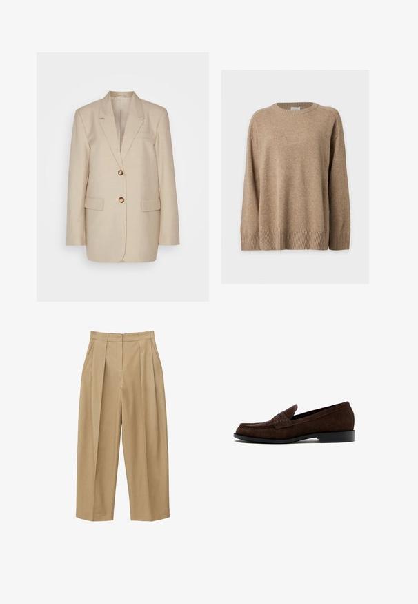 Blazer en lin beige avec un col à revers, deux poches avant et des boutons dorés. Présente une silhouette ajustée et structurée.; Pull en maille beige à manches longues avec poignets, bas et col rond côtelés, présenté à plat sur fond blanc.; Pantalon beige taille haute à jambes larges avec plis sur le devant, poches latérales et ceinture ajustée avec passants pour ceinture.; Mocassin pour homme en daim marron foncé avec un petit talon et une couture style mocassin, présenté de profil sur un fond blanc.