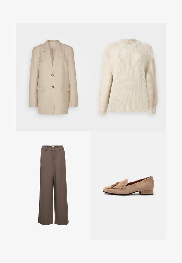 Blazer en lin beige avec un col à revers, deux poches avant et des boutons dorés. Présente une silhouette ajustée et structurée.; Pull en maille épaisse crème avec un col rond, des manches prolongées et une finition texturée. Présente un léger côte et une coupe décontractée.; Pantalons larges en tissu doux marron. Dotés d'une taille haute, de deux poches avant et d'une texture lisse avec un design décontracté.; Mocassin beige en daim à petit talon, avec une décoration à pompons sur le devant et un bout arrondi, présenté de profil sur un fond blanc.