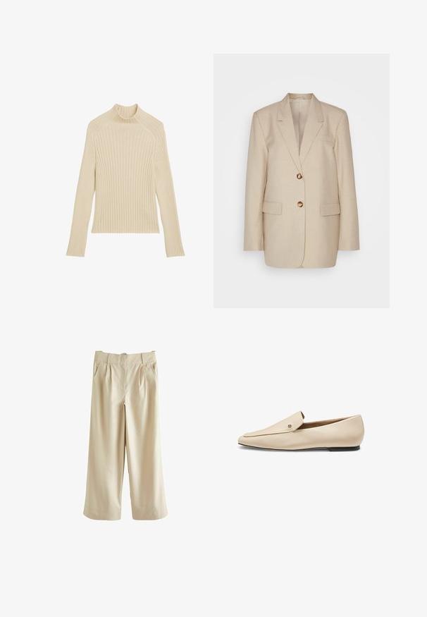 Beige linnen blazer met een notch lapel, twee voorkoekjes en knopen in goudkleur. Heeft een op maat gemaakte, gestructureerde silhoët.; Geribbeld gebreide longsleeve top in off-white met een hoge kraag en een slim fit. Heeft een verticale textuur en een cropped zoom.; Next SMART WIDE LEG - Broek - stone; Beige leren loafer met puntige neus, platte zwarte zool en een klein metalen logodetail near de bovenste rand.