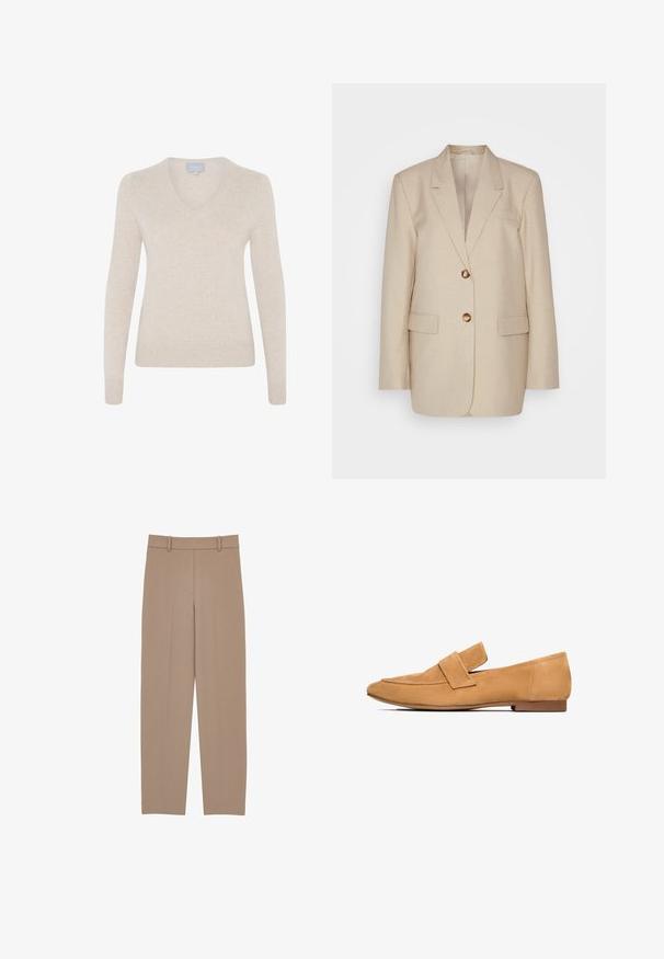 Beige Leinenblazer mit Reverskragen, zwei Vordertaschen und goldfarbenen Knöpfen. Hat eine taillierte, strukturierte Silhouette.; Beiger V-Ausschnitt-Pullover aus weichem Material, mit langen Ärmeln, taillierter Silhouette und geripptem Saum. Keine Muster oder sichtbare Hardware.; Beige maßgeschneiderte Hose mit geradem Schnitt, ausgestattet mit einem gefalteten Vorderteil, Gürtelschlaufen und dezenten Nähdetails. Glattes, leichtes Material.; Tan-farbene Wildleder-Loafers mit flachem Absatz, runder Zehenpartie und einem gesteppten Riemen über dem Spann für einen eleganten Abschluss.