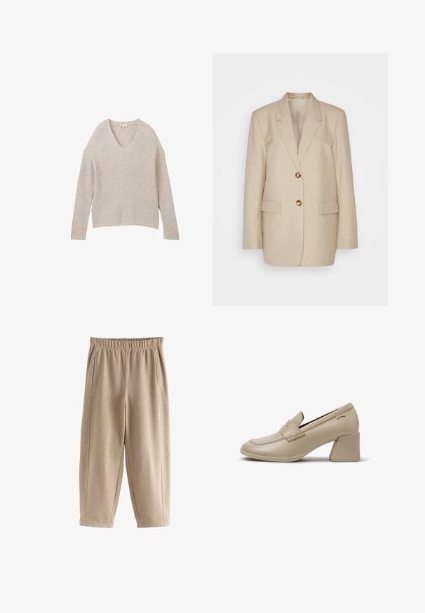 Beige linned blazer med ensartet krave, to forlommer og guldtonede knapper. Har en skræddersyet, struktureret silhuet.; Beige strikket sweater med V-hals, med et struktureret ribmønster og et diagonalt designelement på forsiden. Lange ærmer og cropped pasform.; Next REGULAR FIT - SOFT BRUSHED FINISH BARREL LEG - Træningsbukser - mocha brown; Beige læder damesko med lav hæl, firkantet tå og blokhæl, med en syningsdetalje på remmen på den øverste side.