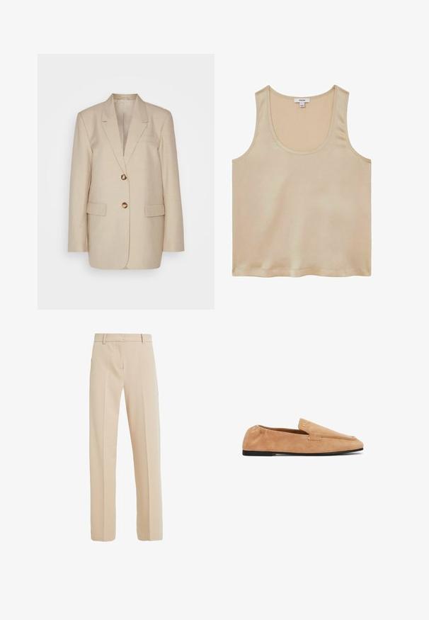 Beige Leinenblazer mit Reverskragen, zwei Vordertaschen und goldfarbenen Knöpfen. Hat eine taillierte, strukturierte Silhouette.; Reiss REGULAR FIT - Bluse - neutral; Beige maßgeschneiderte Hose aus glattem Stoff, mit geradem Beinanschnitt, seitlichen Taschen und Bügelfalten auf der Vorderseite.; Hellbrauner Wildlederschuh mit schwarzer, niedriger Sohle, elastischem Rückenteil und kleinem goldenem Markenlogo nahe dem oberen Rand, Seitenansicht.
