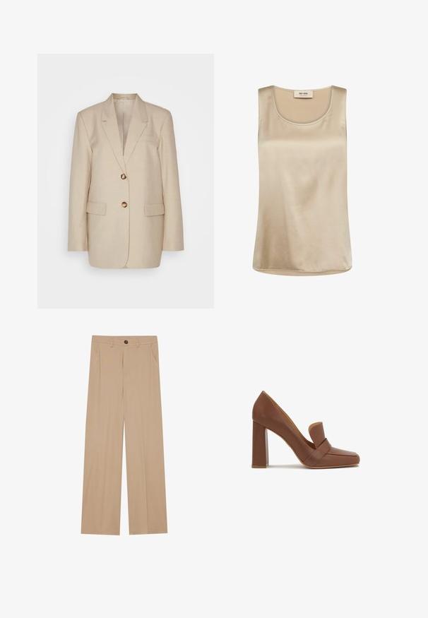 Beige linned blazer med ensartet krave, to forlommer og guldtonede knapper. Har en skræddersyet, struktureret silhuet.; Ærmeløs beige satin top med rund halsudskæring og Mos Mosh mærkat inde i kraven.; Beige brede bukser med en glat tekstur, der har to sidelommer, en frontlukning med knap og diskrete plisseringer for at tilføje detaljer.; Brun læder højhælet sko med firkantet tå og en bred rem på tværs foran. Hælen er blokformet og solid.