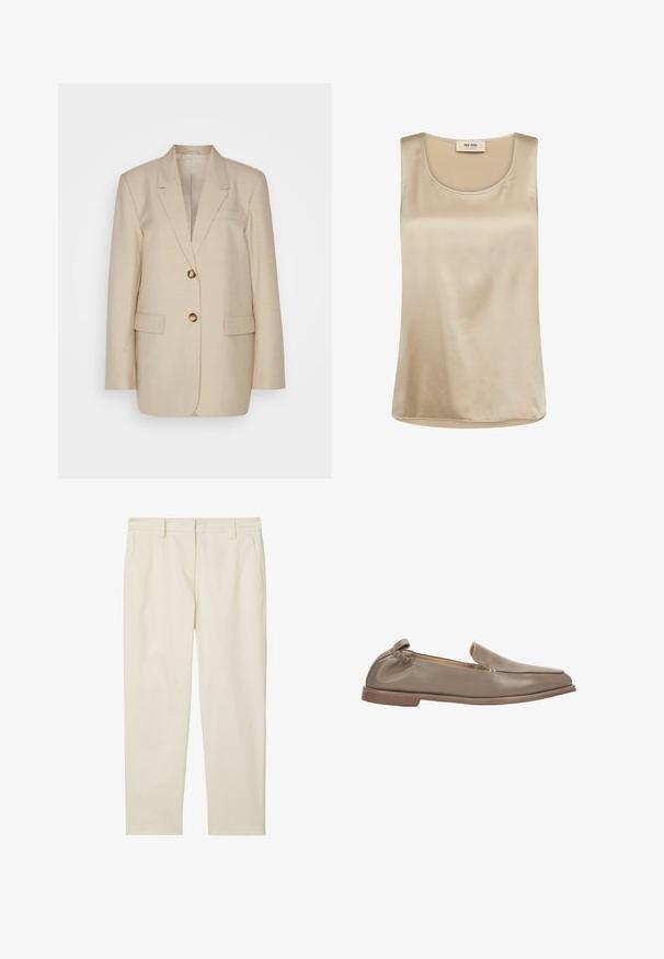Beige linnen blazer met een notch lapel, twee voorkoekjes en knopen in goudkleur. Heeft een op maat gemaakte, gestructureerde silhoët.; Mouwloze beige satijnen top met ronde hals en Mos Mosh-label aan de binnenzijde van de kraag.; Marc O'Polo MODERN STYLE TAPERED LEG HIGH RISE WELT POCKET - Chino - chalky sand; Zachte beige leren instapschoen met platte zool, lage hak, elastische achterkant en bovenste stiksels in mocassijnstijl.