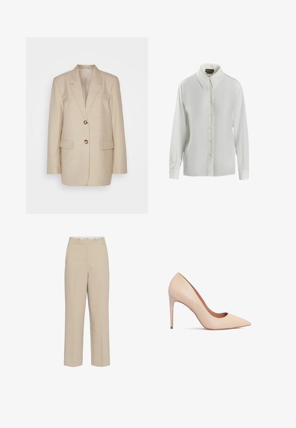 Beige linned blazer med ensartet krave, to forlommer og guldtonede knapper. Har en skræddersyet, struktureret silhuet.; Luisa Spagnoli LIMONAIA - Skjortebluser - panna; Beige skræddersyede bukser med lige ben, med bæltestropper og en skjult frontlukning, præsenteret på en hvid baggrund.; Beige læder højhælede pumps med spids tå og en glat tekstur. Har en slank stilettohæl og et lavt skårede design.