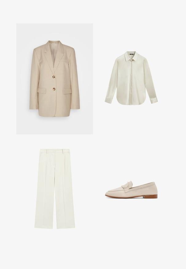Beige linnen blazer met een notch lapel, twee voorkoekjes en knopen in goudkleur. Heeft een op maat gemaakte, gestructureerde silhoët.; Crèmekleurig overhemd met lange mouwen, knoopsluiting, spitse kraag en afgeronde zoom, getoond tegen een witte achtergrond.; Witte op maat gemaakte rechte broek met riemlussen en zijzakken op een effen achtergrond.; Beige leren loafer met lage gestapelde bruine hak en banddetail over de bovenkant, zijaanzicht op een witte achtergrond.