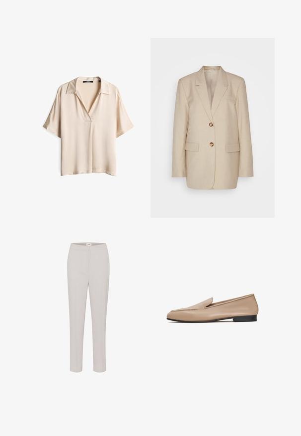 Beige Leinenblazer mit Reverskragen, zwei Vordertaschen und goldfarbenen Knöpfen. Hat eine taillierte, strukturierte Silhouette.; Beige Bluse mit kurzen Ärmeln aus glattem Stoff, mit einem eingefassten Kragen und einem lässigen Schnitt. Die Vorderseite hat einen dezenten V-Ausschnitt.; Hellgraue maßgeschneiderte Hose mit glatter Textur, schmaler Passform und klassischem Bund. Keine sichtbaren Taschen oder Verzierungen.; Beige Leder-Loafer mit glatter Oberfläche, niedrigem schwarzen Absatz und genähten Details an der Oberseite. Mit runder Spitze und minimalistischem Design.