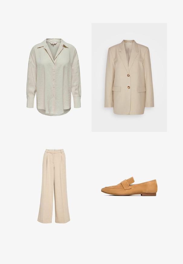 Blazer de lino beige con solapa muesca, dos bolsillos frontales y botones en tono dorado. Presenta una silueta estructurada y ajustada.; Camisa abotonada de color beige claro con cuello, mangas largas y tela ligeramente texturizada. Presenta un dobladillo curvado y botones en el frente.; Pantalones de pernera ancha de color crema, fabricados en tejido texturizado, con una cintura alta, pliegues frontales y bolsillos laterales para mayor funcionalidad.; Mocasines de ante color arena con tacón plano, punta redondeada y una tira cosida en el empeine para un acabado refinado.