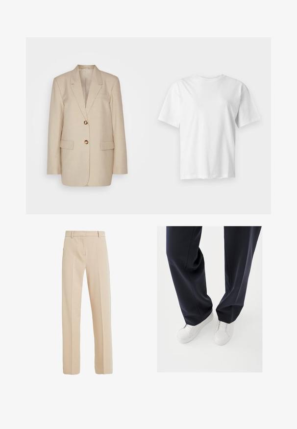 Beige Leinenblazer mit Reverskragen, zwei Vordertaschen und goldfarbenen Knöpfen. Hat eine taillierte, strukturierte Silhouette.; Schlichtes weißes Kurzarm-T-Shirt mit Rundhalsausschnitt, flach auf einem hellgrauen Hintergrund dargestellt.; Beige maßgeschneiderte Hose aus glattem Stoff, mit geradem Beinanschnitt, seitlichen Taschen und Bügelfalten auf der Vorderseite.; Weiße Sneakers mit strukturierten Gummisohlen und flachen Schnürsenkeln, kombiniert mit dunkeln, marineblauen Hosen aus lockerem, glattem Stoff und maßgeschneiderter Passform.