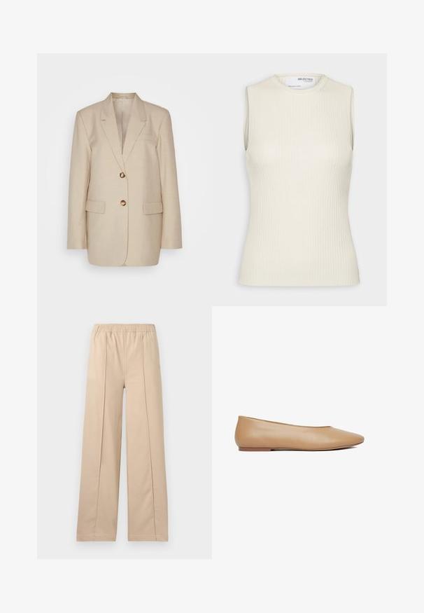 Bež linane bleiser, millel on sakilised kraed, kaks eesmist taskut ja kuldse tooni nööbid. Omab kohandatud, struktureeritud siluetti.; Selected Knitted Sleeveless - Topp - birch; Beezid laiad püksid elastse vöökohtaga, kahel vertikaalsel voldil, pehmest kangast ja lihtsa disainiga.; Beež naha terava ninaga madala kannaga suss, sileda viimistlusega, külgvaade valge taustaga.