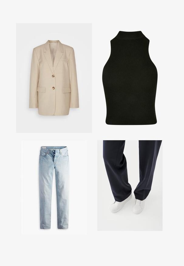 Blazer de lino beige con solapa muesca, dos bolsillos frontales y botones en tono dorado. Presenta una silueta estructurada y ajustada.; Top sin mangas negro con ribetes y cuello alto, que presenta un diseño ajustado y una tela texturizada.; Jeans de mezclilla azul claro con diseño de pierna recta, cinco bolsillos y cierres de botones metálicos en una pretina estándar.; Zapatillas blancas con suelas de goma texturizadas y cordones planos, combinadas con pantalones azul marino oscuro que muestran una tela suelta, suave y un corte a medida.