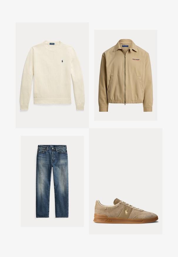 Beige jakke med krave, lynlås foran og elastiske manchetter. Har sidelommer og "Polo Sport"-logo i rød og blå.; Kremfarvet strikket langærmet sweater med ribstrikkede manchetter og kant, med et lille navy Polo Ralph Lauren-logo på brystet.; Blå denimjeans med afslappet pasform, falmet finish, synlige slidtegn, lige silhuet og traditionel knaplukning.; Beige ruskind og læder lav-top sneaker med gummisål, hvide snørebånd og Polo-logo på siden og sålen.