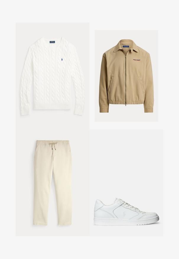 Veste beige avec un col à revers, fermeture éclair frontale et poignets élastiques. Comprend des poches latérales et le logo "Polo Sport" en rouge et bleu.; Pull en coton blanc à maille torsadée, col rond, manches longues, poignets et ourlet côtelés, avec petit logo Polo Ralph Lauren bleu sur la poitrine.; Pantalon décontracté off-white avec taille élastique et cordon de serrage, jambes droites et poches latérales sur un fond uni.; Baskets en cuir blanc avec une texture lisse, présentant un bout perforé, un système de laçage et un logo brodé sur le côté. Semelle en caoutchouc blanc.