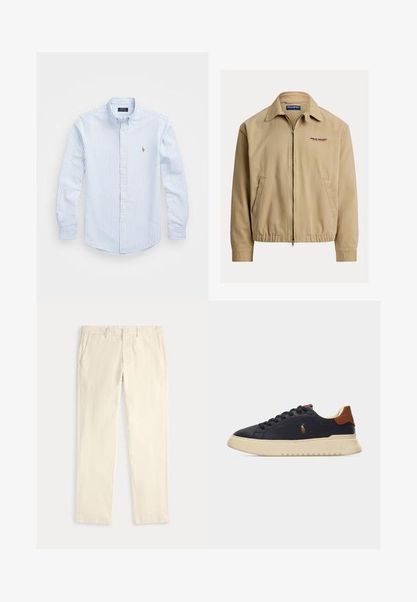 Beige jack met een kraag, ritssluiting aan de voorkant en elastische manchetten. Voorzien van zijzakken en een "Polo Sport"-logo in rood en blauw.; Lichtblauw en wit gestreept overhemd met knopen, een kraag, lange mouwen en een klein geborduurd logo op de borst. Katoenen materiaal.; Crèmekleurige recht gesneden broek met riemlussen en zijzakken, plat liggend afgebeeld tegen een lichte achtergrond.; Zwarte lage sneaker met crèmekleurige zool, bruine hieltab, Polo Ralph Lauren paardenlogo aan de zijkant en zwarte veters op een effen achtergrond.
