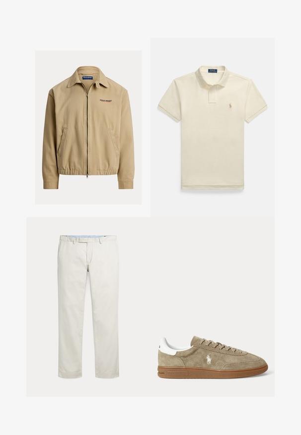 Beige jack met een kraag, ritssluiting aan de voorkant en elastische manchetten. Voorzien van zijzakken en een "Polo Sport"-logo in rood en blauw.; Beige poloshirt met korte mouwen, voorzien van een knoopsluiting bij de kraag en een klein geborduurd logo op de linkerborst. Gemaakt van gestructureerd katoen.; Rechte broeken in roomkleur met riemlussen en een verborgen voorsluiting op een effen achtergrond.; Beige suède lage sneaker met bruine zool, witte hiel-detail, veters en een wit geborduurd polo-speler logo aan de zijkant.