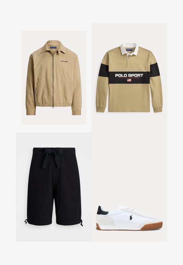 Beige jack met een kraag, ritssluiting aan de voorkant en elastische manchetten. Voorzien van zijzakken en een "Polo Sport"-logo in rood en blauw.; Beige rugbyshirt met lange mouwen, witte kraag, brede zwarte borststreep met de tekst "Polo Sport Ralph Lauren" en een klein Amerikaans vlaggetje.; Zwarte zwemboxers van lichtgewicht stof, voorzien van een trekkoord in de taille en verstelbare details aan de zoom.; Witte lage sneaker met bruine zool, zwarte hielpatch en zwart polo speler logo aan de zijkant.