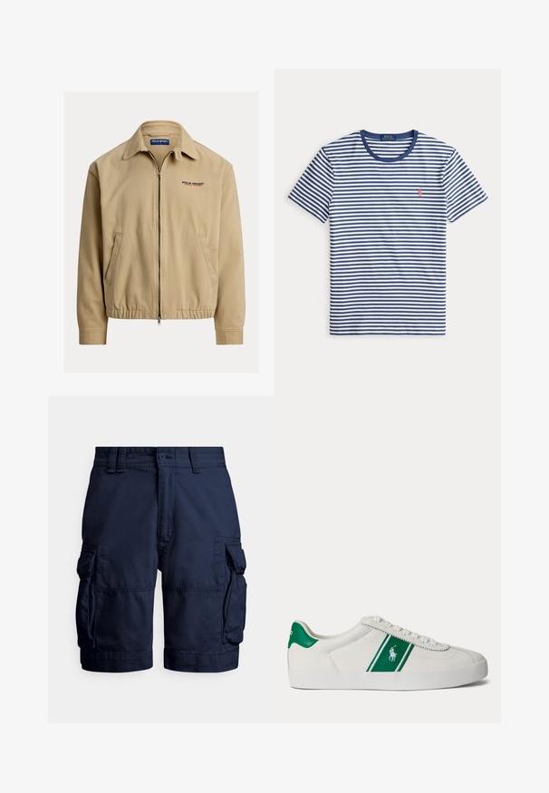 Beige jack met een kraag, ritssluiting aan de voorkant en elastische manchetten. Voorzien van zijzakken en een "Polo Sport"-logo in rood en blauw.; Blauw en witte horizontaal gestreepte T-shirt met korte mouwen, voorzien van een marinekleurige kraag en een klein rood Polo Ralph Lauren-logo op de linkerborst.; Marineblauwe cargoshorts van duurzaam stof, met zijzakken, een knoopsluiting en gestikte details voor textuur.; Witte lage sneaker met groene streep en Polo-logo aan de zijkant, groene hieltab en witte veters, vanaf de linkerkant getoond op een effen achtergrond.