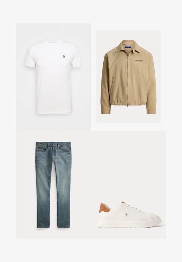 Beige Jacke mit einem Kragen, Frontreißverschluss und elastischen Bündchen. Mit Seitentaschen und dem "Polo Sport"-Logo in Rot und Blau.; Weißes Baumwoll-T-Shirt mit Rundhalsausschnitt. Mit einem kleinen dunkelblauen Logo auf der linken Brust. Kurze Ärmel, glatte Textur.; Blaue Jeans mit geradem Bein, vorderen Taschen, Gürtelschlaufen und Knopfverschluss.; Weißer Sneaker mit niedrigem Schaft, beige Fersenlasche, weißen Schnürsenkeln und kleinem, besticktem Polospieler-Logo an der Seite über einer dicken Sohle.