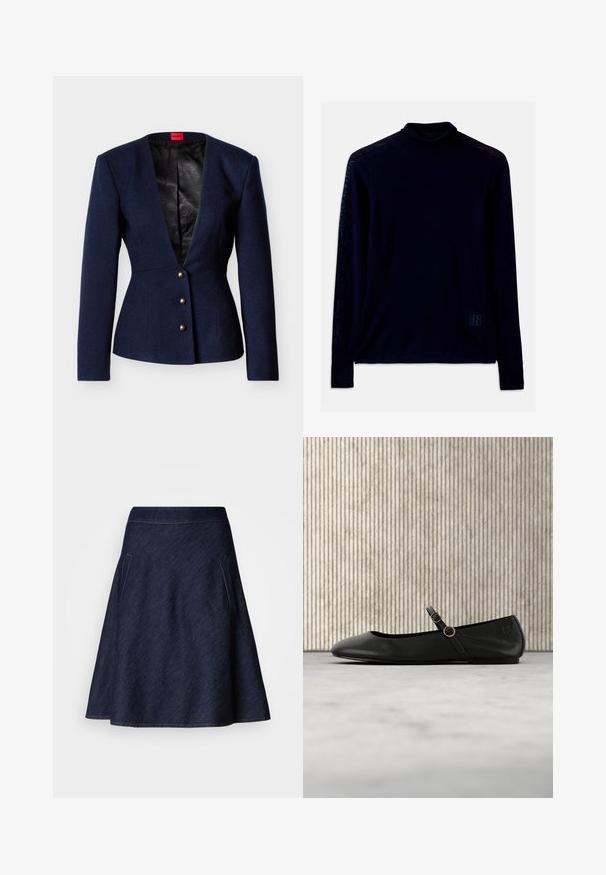 Blazer bleu marine texturé à manches longues, col en V profond, et trois boutons dorés. Intérieur doublé de tissu noir avec un motif géométrique.; Chandail col roulé à manches longues bleu marine en tissu doux ; présente un col ajusté et un petit logo bleu clair sur le bas à gauche.; Jupe en denim foncé en forme de A avec une taille mi-haute, deux poches latérales et des coutures contrastantes le long des bords. Texture lisse.; Ballerine en cuir noir avec bout arrondi, dotée d'une fine lanière et d'une boucle circulaire dorée. Texture lisse et design minimaliste.