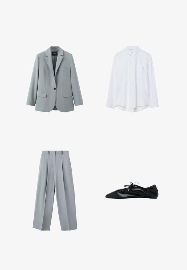 Blazer gris clair à simple bouton avec revers crantés, deux poches avant à rabat et une poche poitrine passepoilée, fabriqué par la marque MNG.; Chemise blanche à manches longues, à boutons, avec col et poche poitrine unique, ourlet légèrement incurvé, présentée sur un fond blanc.; Pantalon large gris clair avec plis sur le devant, passants pour ceinture et fermeture avant dissimulée.; Ballerine plate en cuir noir avec bout froncé et lacet à nouer orné d'embouts métalliques, vue latérale minimaliste et élégante.