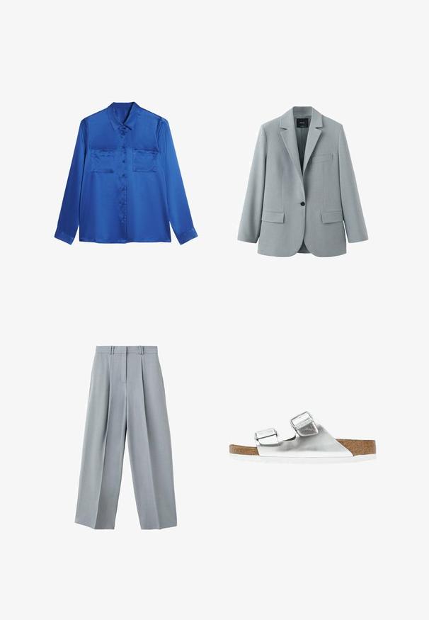 Lichtgrijs colbert met één knoop, revers met inkeping, twee klepzakken aan de voorkant en één borstzak, gemaakt door het merk MNG.; Satijnen blauwe blouse met een kraaglijn, lange mouwen, twee borstzakken en knoopsluiting aan de voorkant. Soepele, glanzende textuur.; Lichtgrijze brede pantalon met plooien aan de voorkant, riemlussen en een verborgen sluiting aan de voorkant.; Zilveren metallic sandaal met twee verstelbare banden, kurken voetbed en witte zool. Gladde bovenkant met een glanzende afwerking.