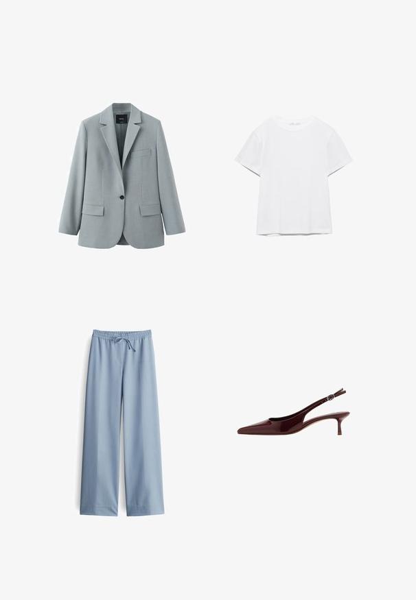 Hellgrauer Blazer mit einem Knopf, Revers mit Kerbe, zwei vorderen Klappentaschen und einer Brustpaspelstasche, hergestellt von der Marke MNG.; Unifarbenes weißes T-Shirt mit kurzen Ärmeln und Rundhalsausschnitt, gerader Saum, dargestellt auf weißem Hintergrund.; Helle blaue weite Hosen aus glattem Stoff, mit einem elastischen Bund und Kordelzug, ohne sichtbare Taschen oder zusätzliche Details.; Glänzender dunkelbrauner Slingback-Kittenheel mit spitz zulaufender Schuhspitze und verstellbarem Schnallenriemen.