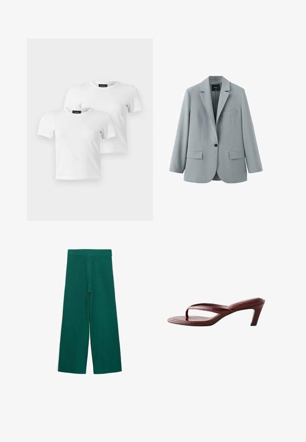 Lys grå blazer med enkelt knap, hakkede revers, to forlommer med klap og en brystlomme udenpå, fremstillet af MNG-brandet.; To enkle hvide T-shirts med korte ærmer og rund hals med JJXX mærke-etiketter vist på en lys grå baggrund.; Grønne vidde bukser med høj talje og lige snit, vist fladt mod en hvid baggrund.; Vinrød læder sandal med hæl, tå-rem og mellem-høj slank hæl, sidevisning på hvid baggrund.