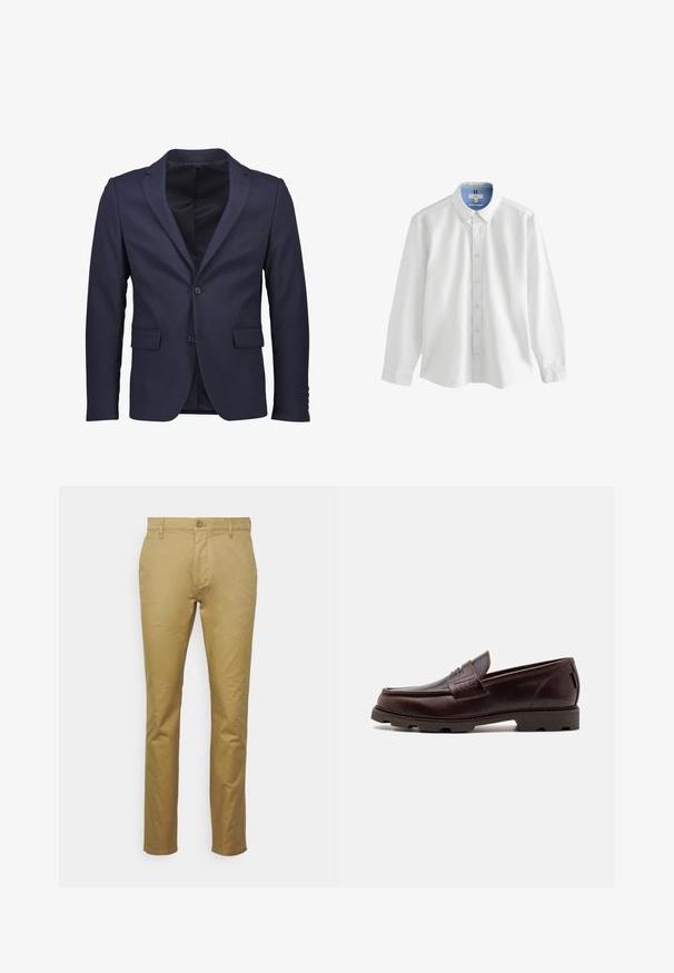 Lindbergh Blazere - navy; Hvid langærmet skjorte med knapper og en blå kravekant, der har en klassisk pasform og diskret broderi på brystet.; Khaki chinos lavet af glat bomuld, med et klassisk lige ben-design, forlommer og en enkelt knaplukning i taljen.; Brune læder loafer med en mokkasinstil overdel, tekstureret syning og en robust sål med multidirektionale dæk.