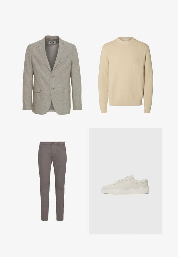 Lys beige blazer lavet af struktureret stof, med et slå-om krave, to knapper og to forlommer. Inderforingen er synlig.; Enkel beige crewneck striktrøje med lange ærmer og ribstrikkede manchetter og kant.; Grå bomulds chinos med lige pasform, der har knaplukning, standardlommer og minimalistisk design. Glat tekstur og ingen mønstre.; Beige sneakers med en glat ruskindsfinish, rund tå og flad gummisole. Har snørebåndslukning og minimalistisk design med diskret syning.