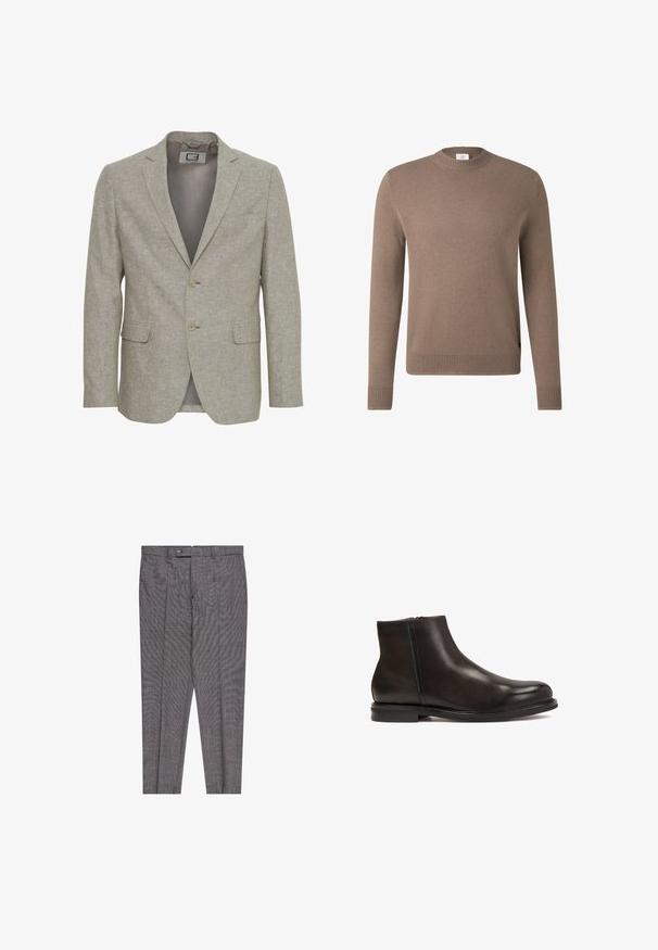 Hellbeige Blazer aus strukturiertem Stoff, mit einem Reverskragen, zwei Knöpfen und zwei frontalen Taschen. Die innere Fütterung ist sichtbar.; Brauner gestrickter Pullover mit rundem Ausschnitt, langen Ärmeln und gerippten Bündchen. Der Stoff hat eine weiche Textur und eine einfarbige, gemusterte Oberfläche.; Graue, plissierte Hose aus Stoff mit einem dezenten Karomuster, ausgestattet mit einem Knopfverschluss und einem geraden Bein.; Schwarze Leder-Ankle-Boots mit glatter Textur, runder Zehenform und niedrigem Absatz. Verfügt über einen seitlichen Reißverschluss für einfaches An- und Ausziehen.