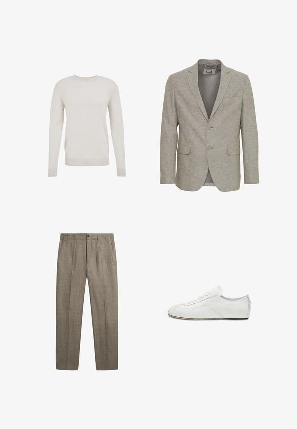 Lichtbeige blazer gemaakt van gestructureerde stof, met een notched kraag, twee knopen en twee voorzakken. Binnenvoering is zichtbaar.; Crème gebreide trui, ronde hals, lange mouwen, geribde manchetten en zoom. Zachte textuur, eenvoudig ontwerp en lichtgewicht materiaal.; Beige linnen broek voor heren met rechte pijpen, riemlussen, zijzakken, vooraan knoop en ritssluiting.; Witte lage leren sneaker met vetersluiting aan de voorkant, subtiele stiksel details en een platte, dunne zool, zijaanzicht.