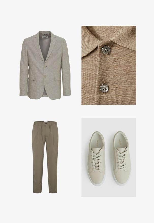 Blazer de color beige claro confeccionado en tejido texturizado, con solapas, dos botones y dos bolsillos frontales. Forro interior visible.; Camisa polo de punto beige con cuello tipo solapa, que presenta dos botones plateados y una tela fina y texturizada.; Pantalones verde oliva hechos de una tela suave con un corte relajado, cinturilla elástica con cordón y dos pliegues delanteros para un diseño adicional.; Zapatillas de cuero color beige claro con un acabado texturizado, que cuentan con seis ojales, cordones planos y una suela de goma blanca. Diseño de marca en dorado en el interior.