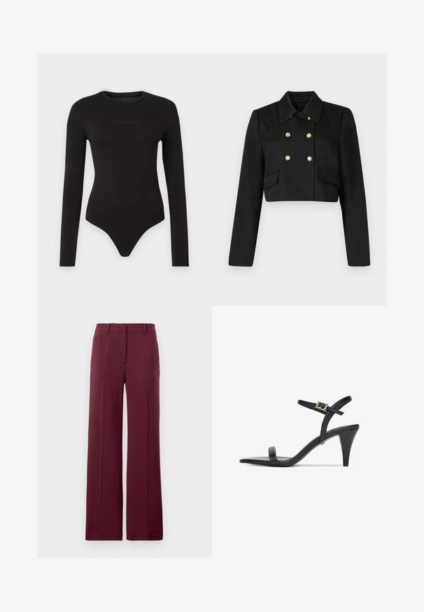 Sort cropped jakke med dobbeltradet design, to forlommer og knapper i guldtoner. Stoffet har en tekstureret finish.; Sort langærmet bodysuit lavet af blødt stof, med rund hals og en struktureret "Guess Jeans" logo på forsiden.; Burgundy vide bukser lavet af glat stof, med flad front, bæltesløjfer og et skræddersyet design med foldede detaljer.; Sorte hælede sandaler med en slank ankelrem og en gylden spænde, åben tå-design og spids tåform på en stilettohæl.