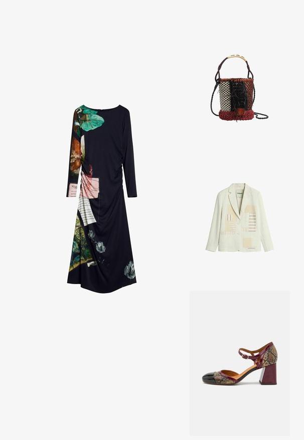 Blazer color crema con dos botones, solapa con muesca, bolsillos frontales de parche y diseño patchwork de rayas beige y azul en los paneles frontales.; El vestido negro de manga larga presenta estampados florales y de texto vibrantes, una tela texturizada y detalles fruncidos a un lado, creando un aspecto dinámico.; Zapato de tacón con punta de charol negro, tira burdeos y parte superior de textil con patrón de serpiente; cuenta con un tacón ancho.; Bolso pequeño tipo cubo tejido con paneles a cuadros verticales, negros trenzados y rojizos, asa trenzada y una larga correa trenzada para el hombro.