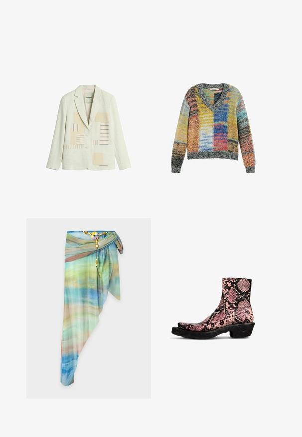 Kremlfarvet blazer med to knapper, hakket revers, forlommer og beige og blå stribet patchwork-design på frontpanelerne.; Farverig strikket sweater med V-hals og lange ærmer, med patchwork-mønster i gule, blå, røde og grå nuancer.; Asymmetrisk gennemsigtig omslagsnederdel med blå, grøn og beige gradientmønster, fastgjort med et dekorativt perlebælte og rundt spænde.; Ankelstøvler i pink og sort slangeskindsprintlæder med en struktureret finish, der har en unik buet sort gummisål.