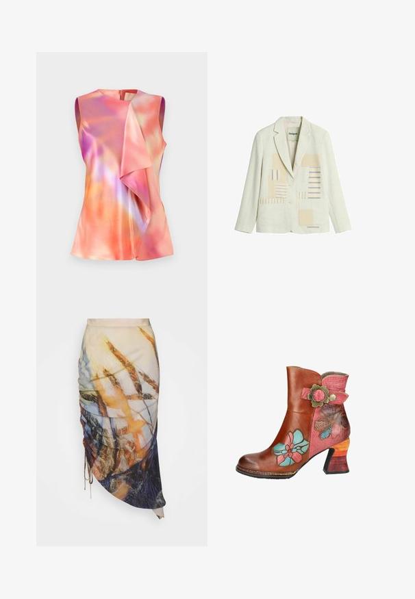 Kremlfarvet blazer med to knapper, hakket revers, forlommer og beige og blå stribet patchwork-design på frontpanelerne.; Ærmeløs top i satinmateriale, der præsenterer et farverigt abstrakt mønster med nuancer af pink, orange og violet, samt en draperet frontdesign.; Materiel DIAGONAL GATHERED SKIRT - Pencil skirt - golden hour; Brune læder ankelstøvle med pink accenter, blomsterdesigns, dekorativ spænde og tekstureret hæl med flerfarvede nuancer.