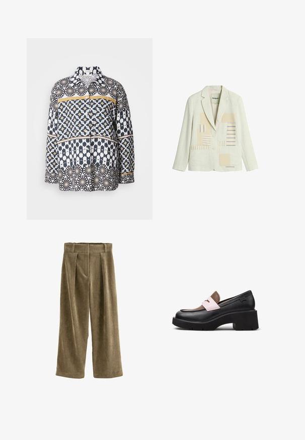 Kremlfarvet blazer med to knapper, hakket revers, forlommer og beige og blå stribet patchwork-design på frontpanelerne.; Langærmet skjorte i bomuld med et geometrisk mønster i navy, hvid og gul. Har krave og knaplukning foran.; Bredde ben corduroy bukser i olivengrøn. Har vertikale ribbede detaljer, høj talje, frontfolder og en afslappet pasform. Blød tekstur overalt.; Chunky loafer med tyk sort platformsål, sort bund, brun overdel og lyserød stroppdetalje tværs over toppen, vist fra siden.