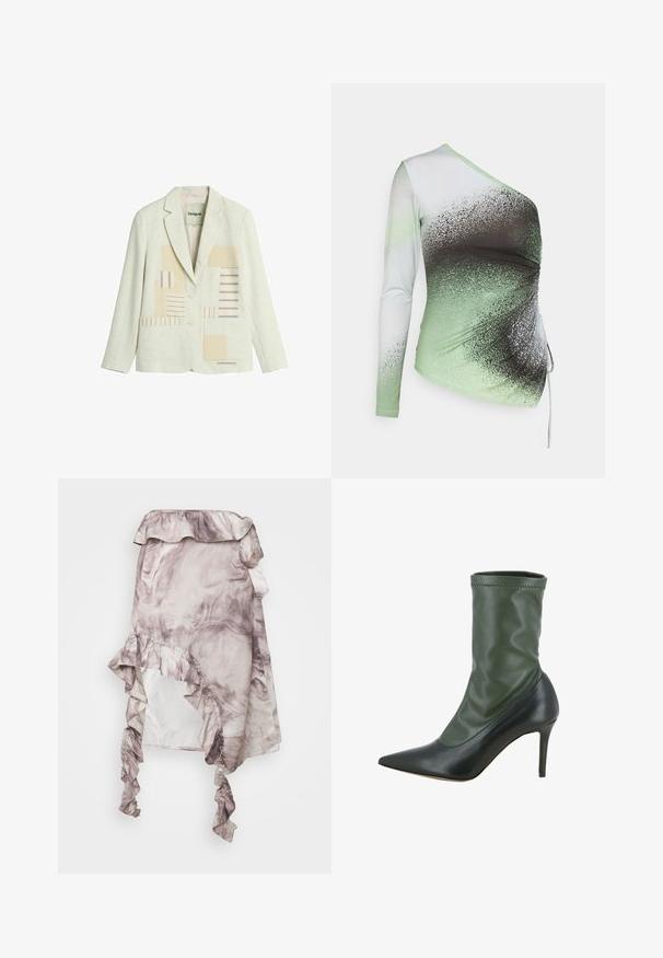 Cremefarbener Blazer mit zwei Knöpfen, Revers mit Kerbe, aufgesetzten Vordertaschen und beige-blau gestreiftem Patchwork-Design auf den Vorderpanelen.; Elleme ONE SHOULDER - Langarmshirt - light green/white; ROKH MIDI SKIRT RUFFLES - A-Linien-Rock - purple; Grüne und schwarze Ankle Boots mit einem taillierten, lässigen Design aus glattem Leder. Mit spitzem Zehen und einem Stiletto-Absatz.