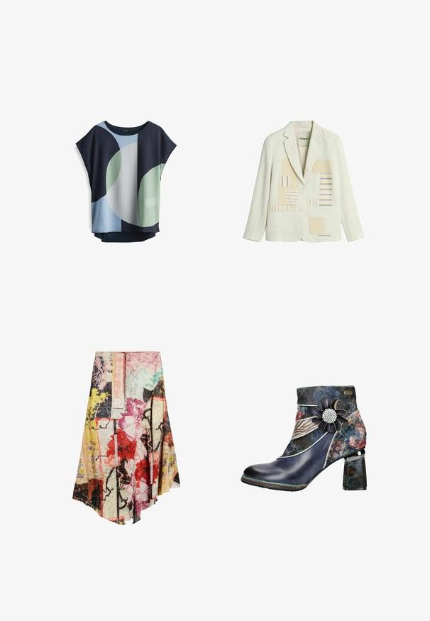 Cremefarbener Blazer mit zwei Knöpfen, Revers mit Kerbe, aufgesetzten Vordertaschen und beige-blau gestreiftem Patchwork-Design auf den Vorderpanelen.; Kurzarmbluse in Marineblau, Hellblau und Grün. Mit abstrakten, kreisförmigen Mustern und einer lockeren Passform sowie einem runden Ausschnitt.; Asymmetrischer Rock mit bunten floralen und abstrakten Mustern in Rot-, Pink-, Gelb-, Schwarz- und Grüntönen auf hellem Hintergrund.; Stiefelette mit glänzender, dunkelblauer Lederzehe und einem floral gemusterten Obermaterial, verziert mit einer dekorativen Blume und einem strukturierten Blockabsatz.